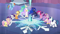 Ponies gather around broken Crystal Heart S6E2
