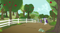 Rarity, Twilight, and Spike approach the farm S6E10