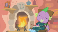 Spike asleep in front of fireplace S1E11