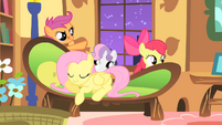 Fluttershy sleepily murmurs "Nothing's gonna get past Fluttershy! Good with animals, good with kids."