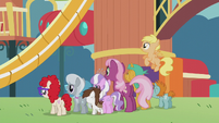 Cheerilee and foals looking at rebuilt playground S5E18