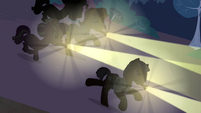 Hospital staff chasing Rainbow Dash through woods S2E16