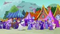 Indigo ponies wearing Rarity and Kerfuffle's clothes MLPRR