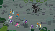 Mane Six, Pillars, and Pony of Shadows in Ponhenge ruins S7E26