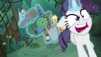 Fake Rarity runs from Rainbow and Applejack S8E13