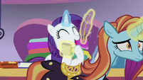 Rarity laughs; Sassy trots up and down the boutique S7E6