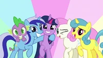Twilight, Spike, Minuette, Twinkleshine, and Lemon Hearts together S5E12