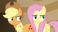 Applejack and Fluttershy look at the source of the voice