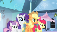 AJ, Bloom, Rarity, and Sweetie staring at Spike S4E24