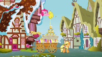 Pinkie gives Applejack honey by pouring it from the second floor of Sugarcube Corner