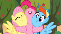 Fluttershy and Rainbow Dash being hugged by Pinkie Pie.