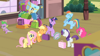 The ponies cheer, while poor Spike gathers their luggage.