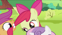 Scootaloo biting Apple Bloom's mane.