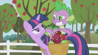 Twilight frowning at Spike S01E03