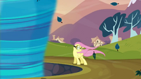 Fluttershy about to get sucked into the tornado S2E22