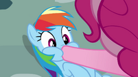 Pinkie Pie stuffs hoof in Rainbow's mouth S4E12