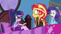 Twilight, Sunset, and Rarity looking confused EGHU