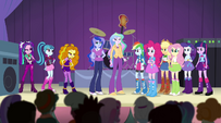 Dazzlings join the Rainbooms and principals on stage EG2