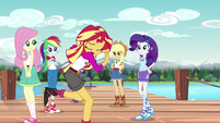 Sunset Shimmer about to twirl on the dock EG4