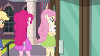 AJ, Pinkie, and Fluttershy enter the school EG3