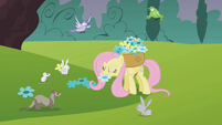 Fluttershy is picking flowers for Princess Celestia's visit.