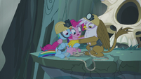 Ledge start to crumble underneath Gilda and ponies S5E8