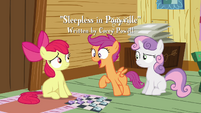Scootaloo looking very excited while Sweetie and Apple Bloom are confused.
