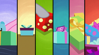 Six-way split-screen of presents being wrapped MLPBGE