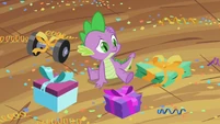 Spike is pretty dumbfounded by the number of gifts he received.