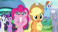 Applejack "Really?"; Pinkie grinning S5E24