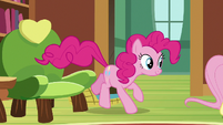 Pinkie Pie hopping out of her chair S7E5