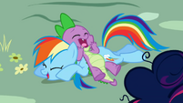 Spike laughing out loud with Rainbow Dash