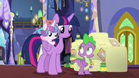 Twilight and Spike look uncertain at each other S7E3