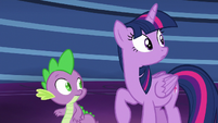 Twilight and Spike watch Starlight speed through the library S6E21