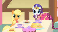 Surprised looks from both Applejack and Rarity.