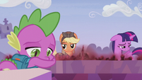 Applejack looking at Twilight and Spike S5E25