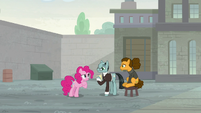 Pinkie, Sans, and Cheese outside the factory S9E14