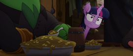 Twilight staring across the table at Rainbow MLPTM