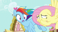 Fluttershy covering her mouth; Rainbow in shock S6E11