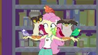Fluttershy with multiple birds perched on her arms EG4