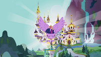 Twilight Sparkle flying from Canterlot towards the camera S3E13