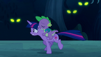 Twilight and Spike running; Timberwolves' glowing eyes S5E26