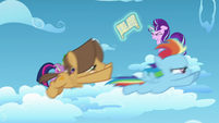 Young Rainbow and Hoops racing past Twilight, Spike, and Starlight S5E26