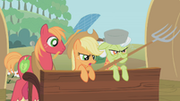 Big Mac, Applejack, and Granny Smith waiting for the Parasprites to arrive.