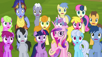 Audience ponies gasping with worry S8E19
