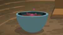 Magenta-colored droplet drops onto the bowl of soil S6E4