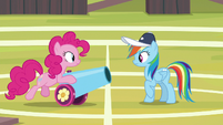 Pinkie lending Rainbow her party cannon S9E15