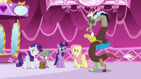 Rarity, Fluttershy, and Discord laughing S5E22