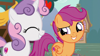 Sweetie Belle and Scootaloo grinning together S6E19
