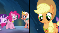 Applejack and Pinkie Pie wearing their elements S7E26